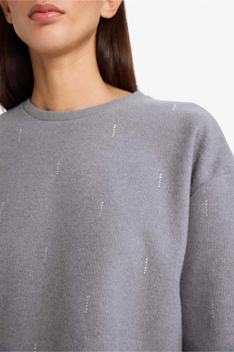 DeFacto Grey Woman Relax Fit Crew Neck Long Sleeve T-Shirt Casual - Image 4
